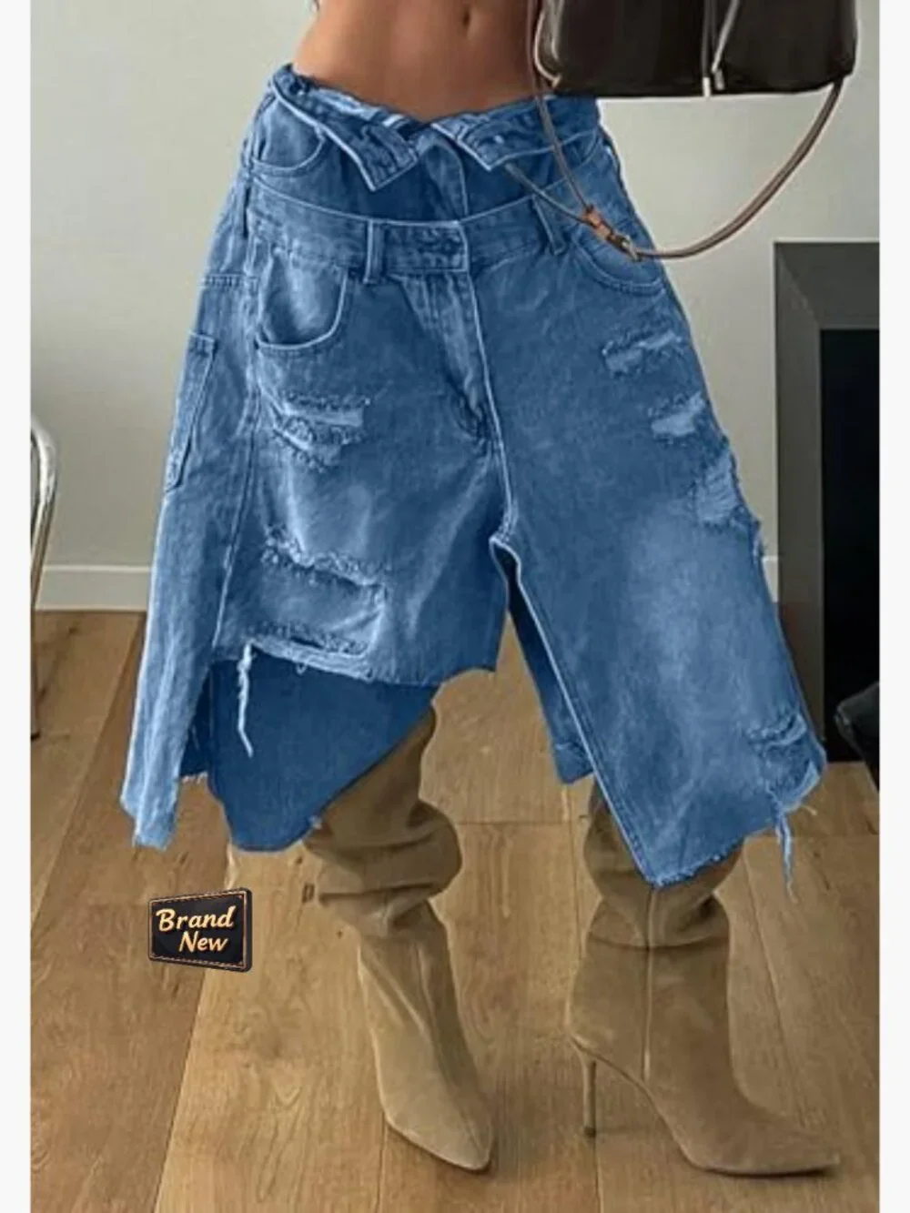 Baggy High Waist Ripped Denim Shorts Y2k Cargo Jorts Wide Leg Bermuda